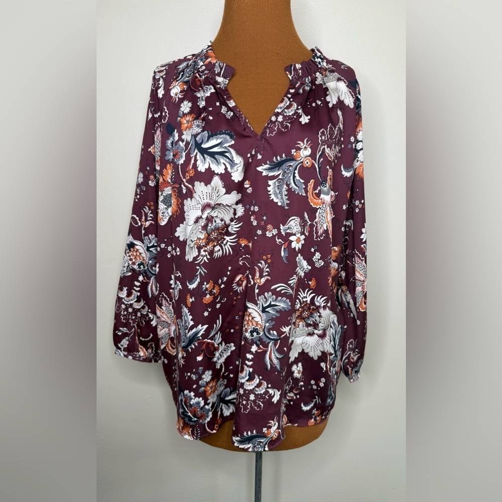 LOFT Plum Floral V-Neck Blouse
